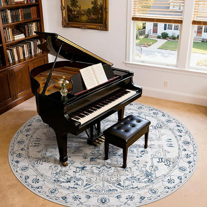 jinchan Lima Round Rug 8ft Vintage Machine Washable Area Rug Indoor Circle 8' Ultra-Thin Non-Slip Floral Print Carpet for Farmhouse Entryway Dining Room Living Room Bedroom Office (8'Round, Blue)