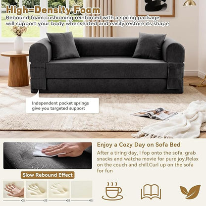 Convertible Sleeper Sofa Bed,78.5 Inch Faux Leather Futon Couch with Pillows & Storage Pocket,5-in-1 Folding Sofa Bed Queen with Pull Out Beds,Boneless Couches for Living Room,Couch in a Box,Gray