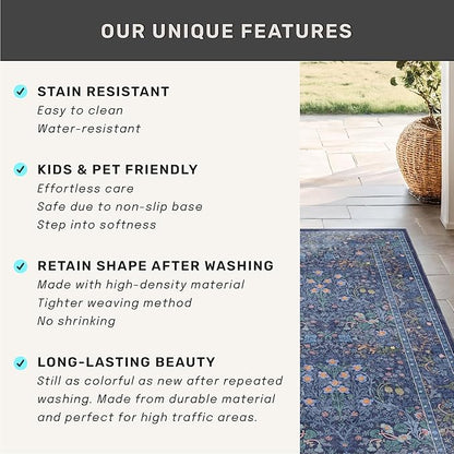 Washable Dark Blue Rug for Living Room - 10x14 Large Area Rug for Dining Room Under Table, Bedroom, Soft Low Pile Non-Slip Stain Resistant Carpet - Vintage Navy Floral Design