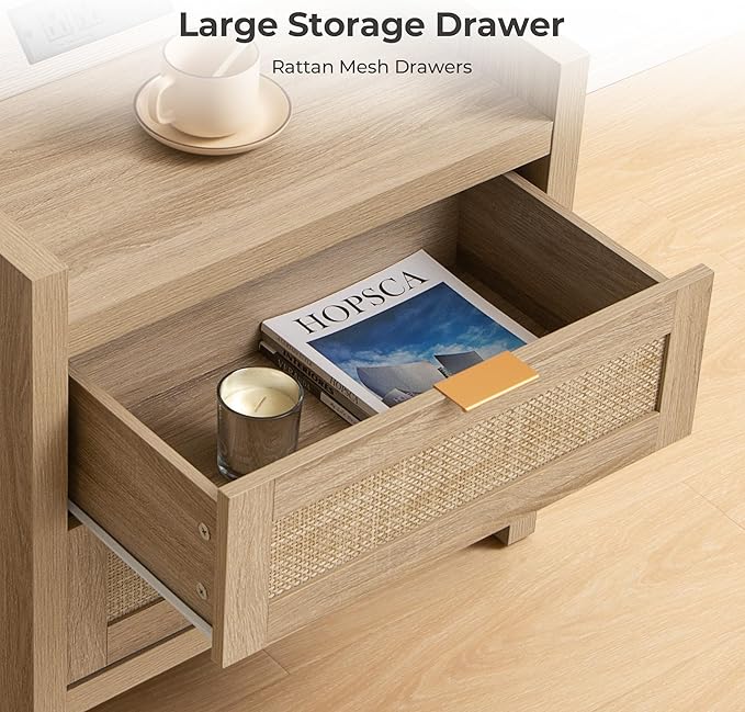 SICOTAS Rattan Nightstands Set of 2 Bedside Table - Bedroom Night Stand with Type-C Charging Station, 2 Drawers Storage - Boho Night Stands End Table for Bedroom Office - Light Oak