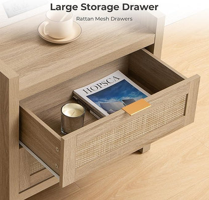 SICOTAS Rattan Nightstand Bedside Table - Night Stand with Type-C Charging Station, 2 Drawers Storage - Boho Night Stands End Table for Bedroom - Light Oak