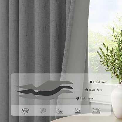 Grey Blackout Curtains for Bedroom 84 Inch Length 2 Panel Linen Textured Thermal Insulated Winter Blocking Darkening Window Drape Black Out Long Curtain for Living Room Sliding Door Back Tab Dark Gray
