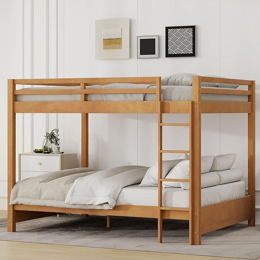 Bellemave Queen Over Queen Size Bunk Bed for Kids/Adults,Solid Wood Bunk Bed Frame Queen Size with Ladder & Safety Guardrails,Wood Color