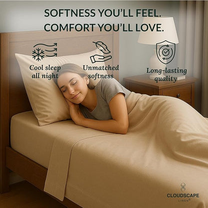 Cloud Scape Linen 100% Egyptian Cotton Sheets Twin Size, 3 Pieces Luxury Bedding Set, 400 Thread Count,Hotel Quality, Silky Soft, Breathable and Durable, Deep Pockets up to 15, Linen