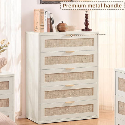 LEYAOYAO Rattan Dresser for Bedroom Set 2, 41" Tall Chest of Drawers, Modern 5 Drawers Boho Dressers with Storage, Light Oak Dresser Wooden Closet Organizer for Living Room, Hallway, Natural Wood