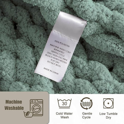 Chunky Knit Throw Blanket 60"X 80", 100% Handmade with Soft Chenille Yarn, 6.7lbs Thick Cable Knitted Blankets, Large Rope Knot Crochet Throws for Couch Sofa Bed Home Decor, Sage Green