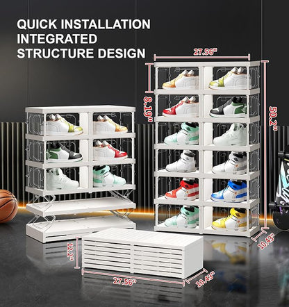 6-Tier 12-Pairs Foldable Shoe Rack with Magnetic Doors,4-Sided Clear Design,Taller Storage for High Shoes & Sneakers,Stackable Shoe Storage Cabinet Space-Saving Organizer for Closet,Cloakroom