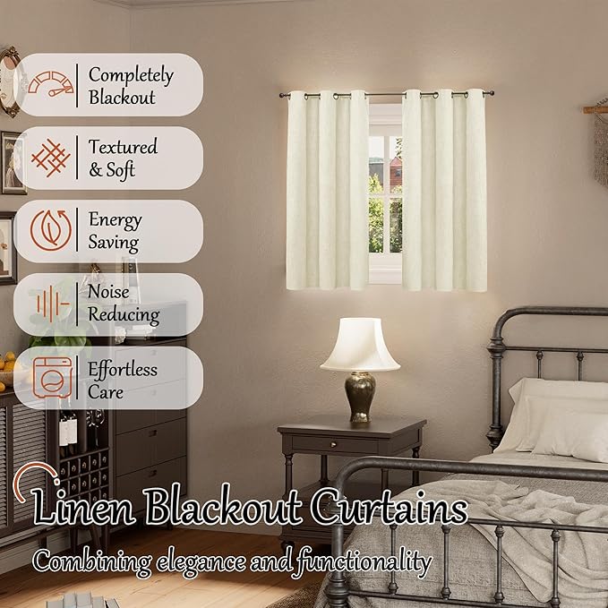 40 Inch Length Linen Blackout Curtains for Short Cafe Window, Thermal Insulated Light Blocking Soundproof Privacy Burlap Curtains 2 Panels, Each 38 Inch Wide Cream