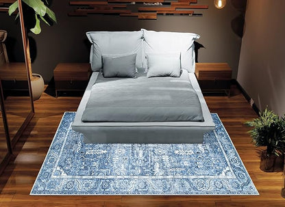 Bloom Rugs Washable Non-Slip 6' x 9' Rug - Blue Traditional Area Rug for Living Room, Bedroom, Dining Room, and Kitchen - Exact Size: 6' x 9'