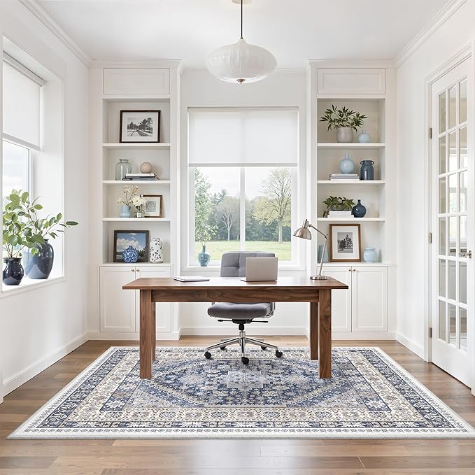 zesthome 3x5 Rug Ultra Soft Washable Rug, Non Slip Area Rug Indoor Entrance, Stain Resistant Rugs for Living Room Bedroom, Vintage Home Decor Area Rugs (Blue/Beige,3'x5')