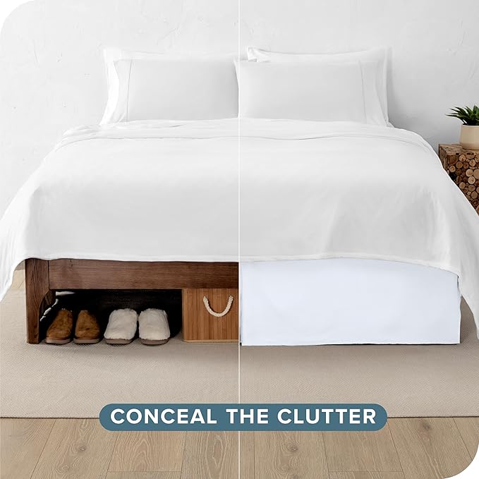 Bare Home Full XL Bed Skirt - 15-Inch Tailored Drop Easy Fit - Bed Skirt for Full Extra Long Beds - Center & Corner Pleats (Full XL, White)