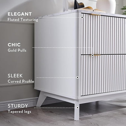 T4TREAM Fluted Night Stand Set 2, 30" Tall Bedside Table with 2 Drawers & Large Tabletop, Modern Wood Side Tables Bedroom, End Table for Living Room, White
