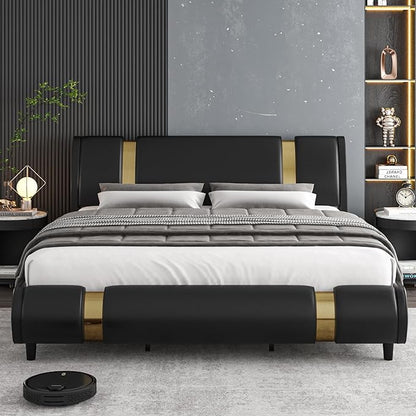 TTVIEW Modern Faux Leather Upholstered Platform Bed Frame with Golden Iron Metal Decor, Adjustable Curved Headboard, Wooden Slats Support, No Box Spring Needed, Queen Size, Black