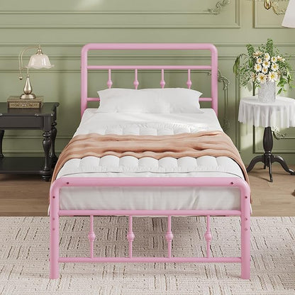 12 Inch Twin Bed Frames with Headboard and Footboard, Heavy Duty Twin Metal Mattress Foundation No Box Spring Needed, Noise Free, Easy Assembly, Pink