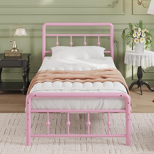 12 Inch Twin Bed Frames with Headboard and Footboard, Heavy Duty Twin Metal Mattress Foundation No Box Spring Needed, Noise Free, Easy Assembly, Pink