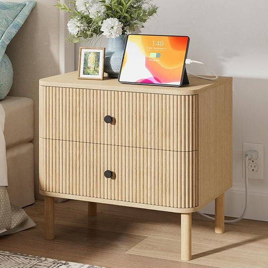 Night Stand with Charging Station, 24" Large Fluted Nightstand with Rounded Corners & Solid Wood Legs, 2 Drawers End Table, Mid Century Modern Bedside Table for Bedroom, Natural Oak
