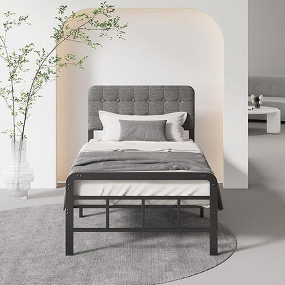 12 Inch Twin XL Bed Frames with Upholstered Headboard and Metal Footboard, No Box Spring Needed, Heavy Duty XL Twin Metal Mattress Foundation, Noise Free, Easy Assembly
