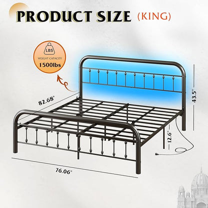 WLIVE Metal Platform Bed Frame, King Size Bed Frame with Headboard, Bed Frames with LED Lights and Charging Station, 1500LBS Mattress Foundation, Under Bed Storage, No Box Spring Needed, Black