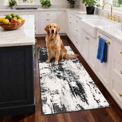3x12 Long Hallway Runner Rug: Kitchen Rugs Non Slip Washable Low Pile Abstract Rug Runner with Rubber Backing Indoor Stain Resistant Carpet Runners for Bedroom Dining Living Room Black White