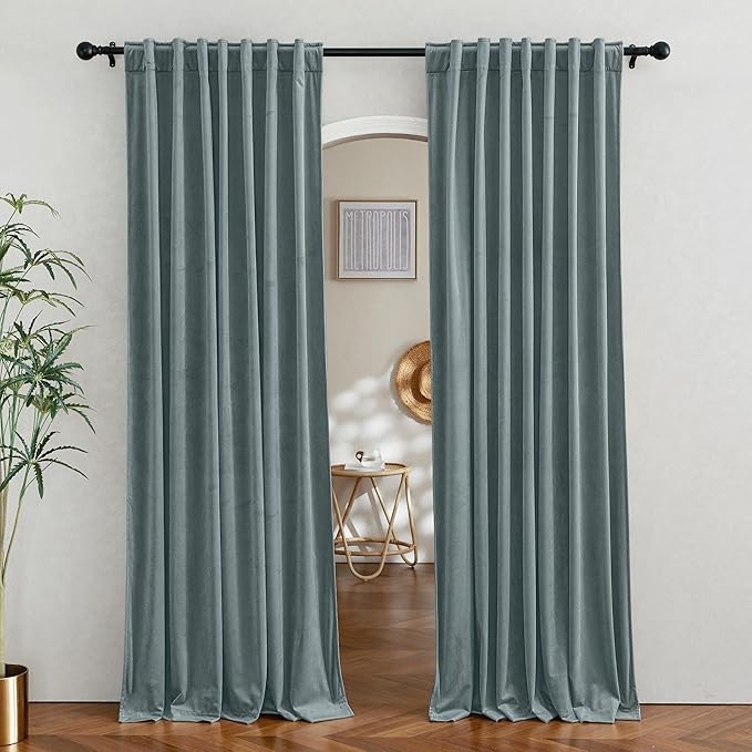 RYB Home Blue Velvet Curtains 96 inches - Room Darkening Curtains for Bedroom, Back Tab Thermal Insulated Light Block Window Drapes, Width 62 x Length 96 inch, Stone Blue, 2 Panels