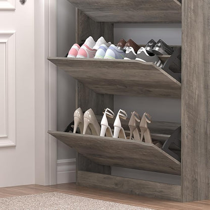 Shoe Cabinet with 3 Flip Drawers & Coat Rack, Narrow Hidden Shoe Storage Cabinet, 2-in-1 Hall Tree Slim Freestanding Shoe Rack Organizer for Entryway, Hallway, and Living Room