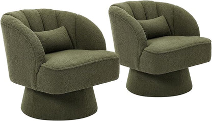 GarveeHome Modern Swivel Barrel Accent Chair, 360° Teddy Fabric Upholstered Armchair with Striped Backrest & Plush Padding, Comfy Round Lounge Chair for Living Room, Bedroom, Reading Nook, Green 2 PCS