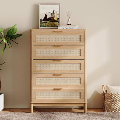 LINSY HOME Rattan Dresser for Bedroom with 5 Drawers, 46" Tall Chest of Drawers, Mid Century Modern Dresser TV Stand with Metal Handle, Wood Closet Storage Cabinet for Living Room, Hallway, Oak