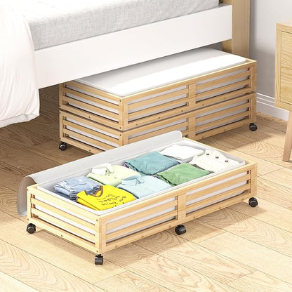 Wisuce Bamboo Under Bed Storage Containers- Underbed Organizer with Wheels with Large Dust Bag,Sturdy Wood Rolling Under the Bed Shoe Storage Organizer Drawer 2 Packs (Nature, Long)