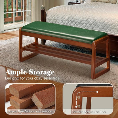 HABUTWAY Solid Wood Shoe Rack, Entryway Shoe Bench with Cushion, 2 Tier Shoes Organizer for Entryway, Hallway, Living Room-(Green,39.37"-L)