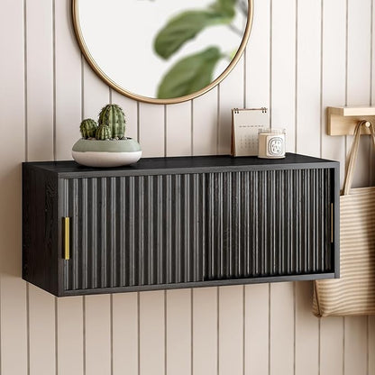 Floating Nightstand with Sliding Doors, Modern Large Night Stand Storage Shelf Wall Mounted Bedside Tables for Bedroom, Study Room Black