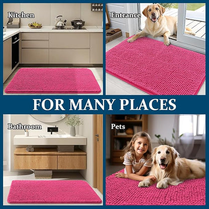OLANLY Dog Door Mat for Muddy Paws 70x35, Absorbs Moisture and Dirt, Absorbent Non-Slip Washable Doormat, Quick Dry Chenille Mud Mat for Dogs, Entry Indoor Entryway Carpet for Inside Floor, Hot Pink