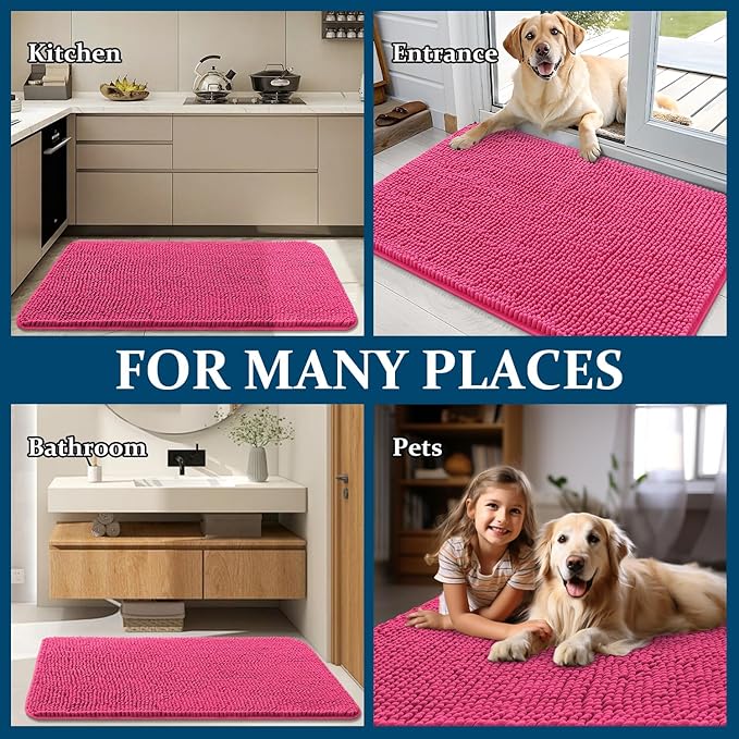OLANLY Dog Door Mat for Muddy Paws 47x32, Absorbs Moisture and Dirt, Absorbent Non-Slip Washable Doormat, Quick Dry Chenille Mud Mat for Dogs, Entry Indoor Entryway Carpet for Inside Floor, Hot Pink
