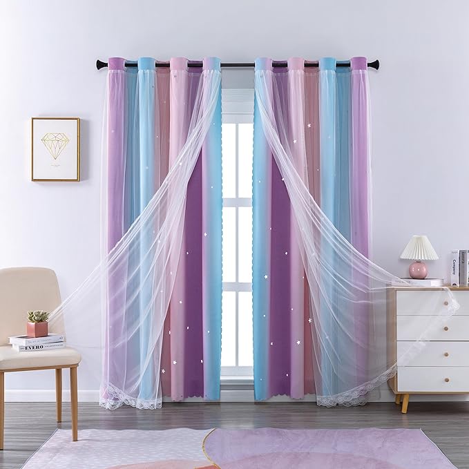 XiDi Curtains for Bedroom Decor, Rainbow Pink Purple/34/96