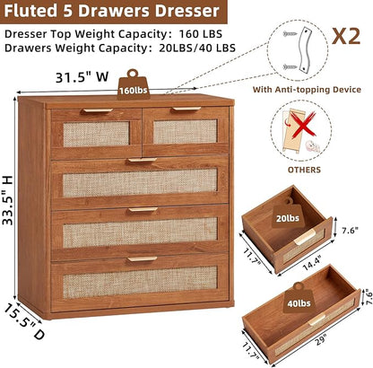 LEYAOYAO Rattan Dresser for Bedroom Set of 2, 33.5" Tall Chest of Drawers, Modern 5 Drawers Boho Dressers with Storage, Vintage Brown Dresser Wooden Closet Organizer for Living Room, Hallway
