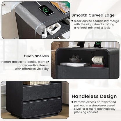 Black Nightstand with Charging Station, 25" Tall Wood Bedside Table, Modern End Table with 2 Storage Drawers, Curved Profile, Mid Century Night Stand for Bedroom, Dorm, Sofa, Office