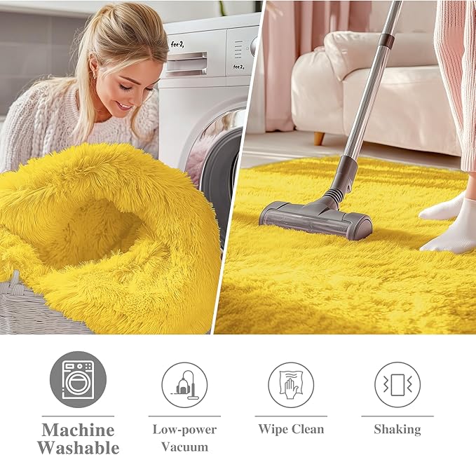 OLANLY Yellow Round Rugs for Bedroom - Machine Washable, 7 ft Circle Area Rugs for Living Room, Soft and Fluffy Shaggy Carpet for Teen Girl and Boys, Nursery Rooms, Dorms, Home Decor Aesthetic