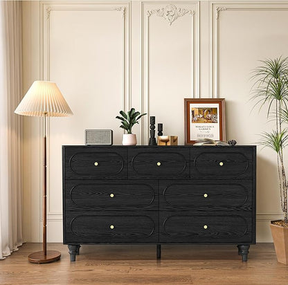 ORRD 7 Drawer Fluted Dresser for Bedroom, Mid Century Modern Chest of Drawers, Wood Storage Large Dresser Organizer for Bedroom Living Room Hallway Closet, Black