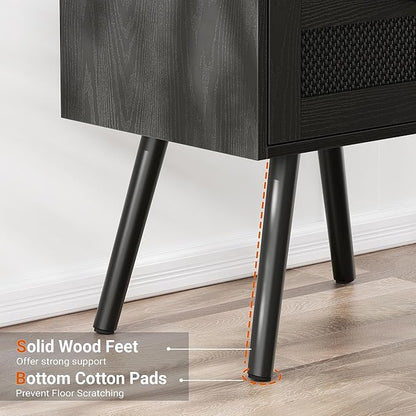 SUPERJARE Nightstand with Charging Station, Bedside Table with Texilene Surface Drawers, Rattan Side Table with Storage & Solid Wood Feet, End Table for Bedroom, All Black