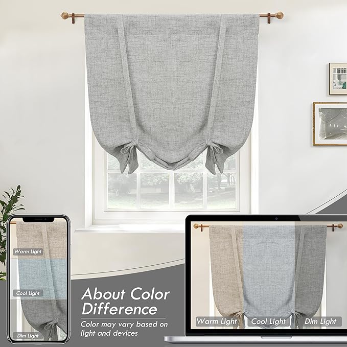 DriftAway Double Layer Linen Blackout Tie Up Curtains Thermal Insulated Fully Lined Balloon Roman Shade Bathroom Window Adjustable Rod Pocket for Small Window 45 Inch by 63 Inch Gray