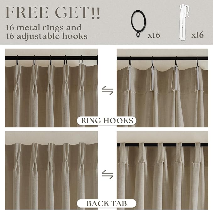 Pleated Linen Curtains 90 Inches Long for Living Room Pinch Pleat Hooks Track System Back Tab Custom Made Memory Shape Drape Privacy Protection Grey Beige Living Room Bedroom Window Curtain 90 Inch