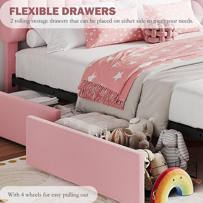 Jojoka Queen Bed Frame with Storage Headboard and 2 Drawers, Boucle Upholstered Platform Bed, Modern Girls Bed Frames for Rooms, No Box Spring Needed, Easy Assembly, Light Pink