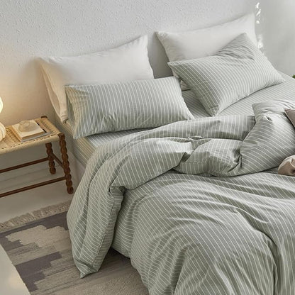 MooMee Striped Duvet Cover Set 100% Washed Cotton Linen Like Textured Breathable Durable Soft Comfy (Sage Green White Wide Stripes, King 104"x90")