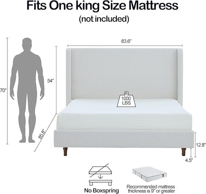 King Size Upholstered Bed Frame, 54" Tall Headboard Curved Wingback Platform Bed Frame/Elegant Boucle Bed Frame for Bedroom/ Wood Slats Support/No Box Spring Needed/Easy Assembly/Cream White Boucle