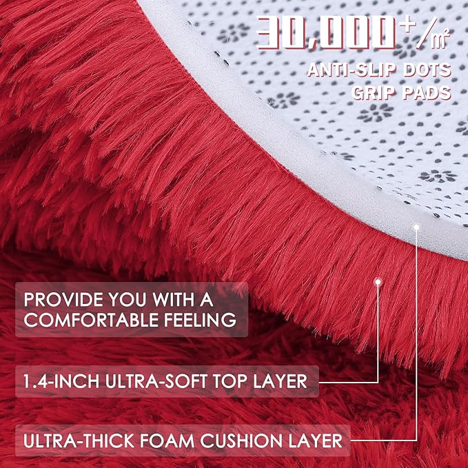 OLANLY Red Round Rugs for Bedroom - Machine Washable, 2 ft Circle Area Rugs for Living Room, Soft and Fluffy Shaggy Carpet for Teen Girls and Boys, Nursery Rooms, Dorms, Home Decor Aesthetic