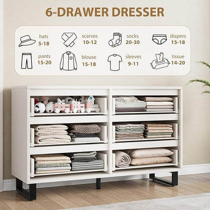 GarveeHome 6 Dresser for Bedroom, 47.2 in Wide Dresser, Freestanding Vertical Drawer Cabinet with Storage, Wooden Closet Storage Chest for Living Room, Hallway, Entryway, White