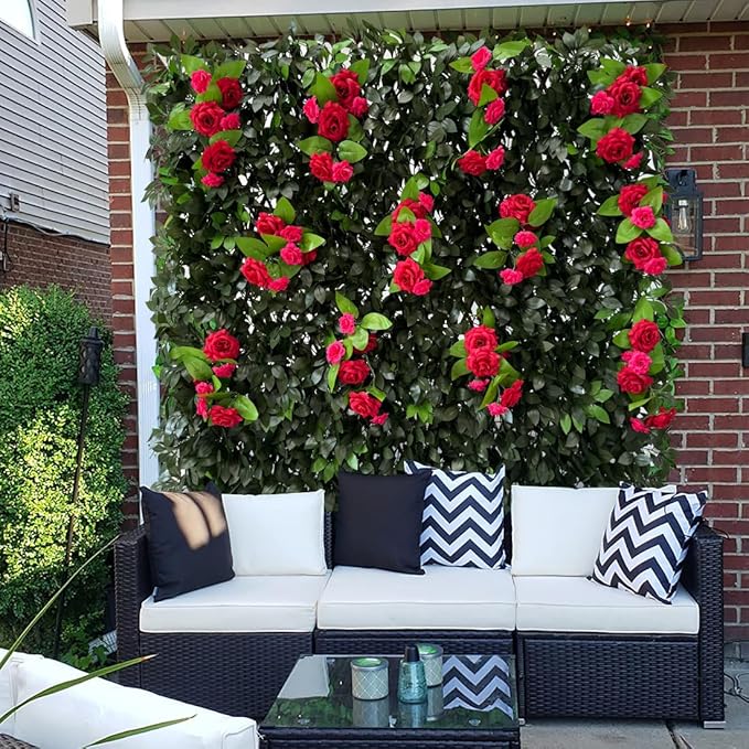 Sumery Expandable Fence Privacy Screen for Balcony Patio Outdoor,Decorative Faux Ivy Fencing Panel,Artificial Hedges (Single Sided Leaves) (1, Branches -Red Rose)