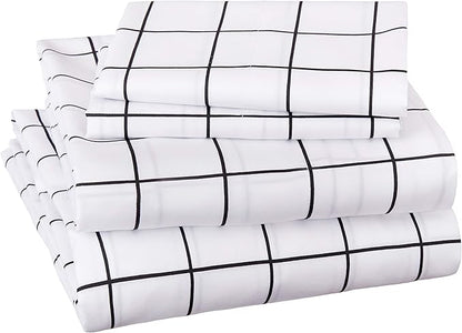 Amazon Basics Soft Microfiber 4-Piece Bed Sheet Set with Elastic Side Pockets, Full, Black Grid, Geometric