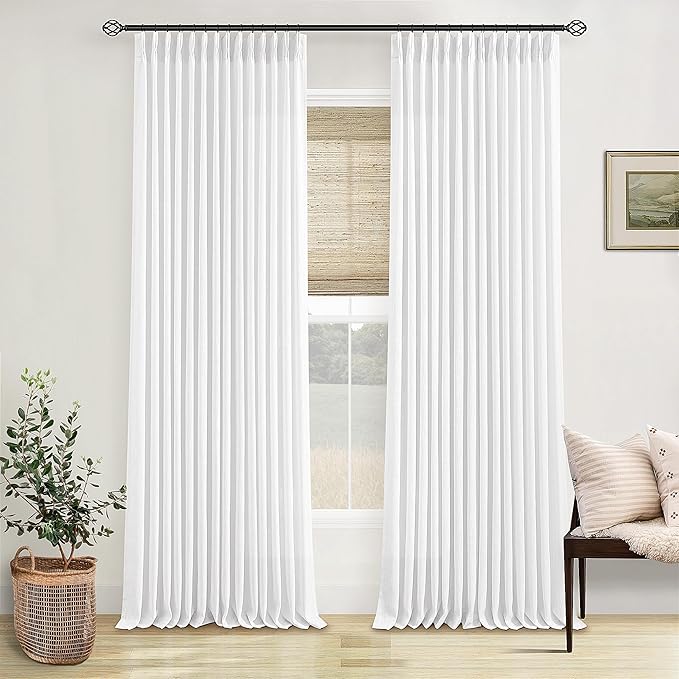 Extra Long Pinch Pleated Linen 120 Inch Curtains 2 Panels Set for Living Room Bedroom Farmhouse Snow White Cotton Linen Blend Back Tab Memory Shape Pinch Pleat Ceiling Floor Window Curtains 10 FT