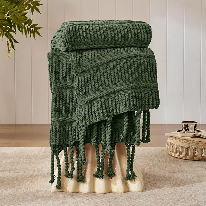 Boho Knitted Chenille Blanket with Tassels - Lightweight & Soft All-Season Throw - 3D Classic Pattern for Living Room Bedroom Couch, Imperial Green, King 90"x108"