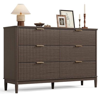 LINSY Fluted Dresser for Bedroom with 6 Drawers, Mid Century Modern Chest of Drawers with Gold Metal Handles, Wide Boho Wood Dressers, Large Farmhouse Storage Cabinet for Bedroom, Living Room, Walnut